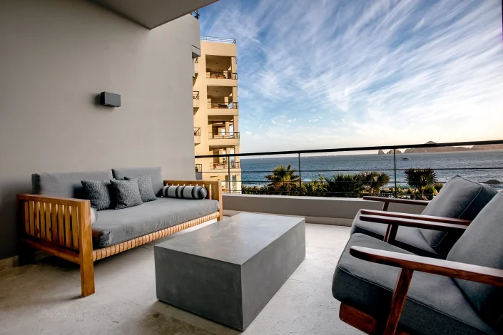 Ocean view terrace at The Cape Residences in Los Cabos during sunset